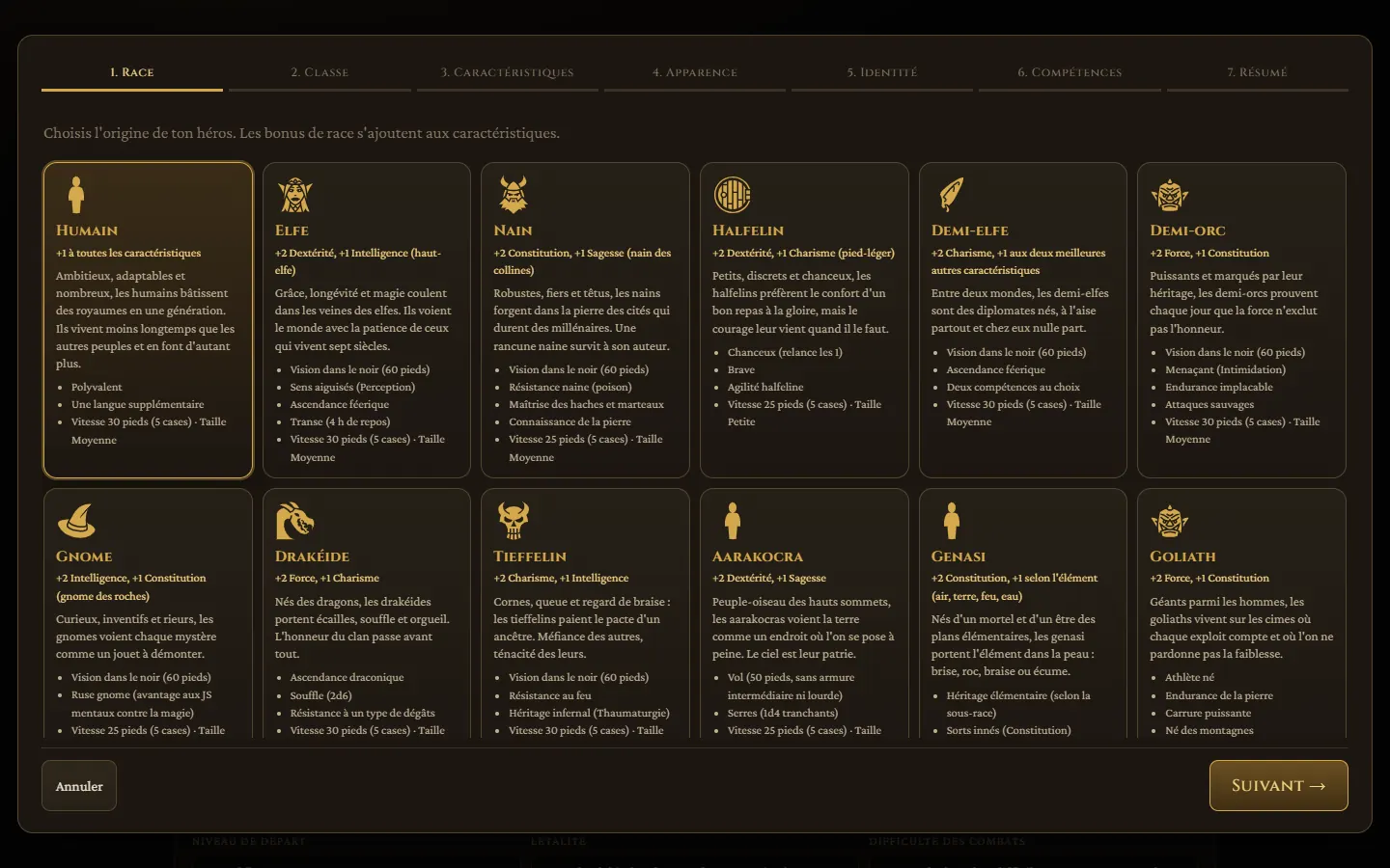 Choix du peuple du héros : humain, elfe, nain, halfelin et les autres, avec leurs traits