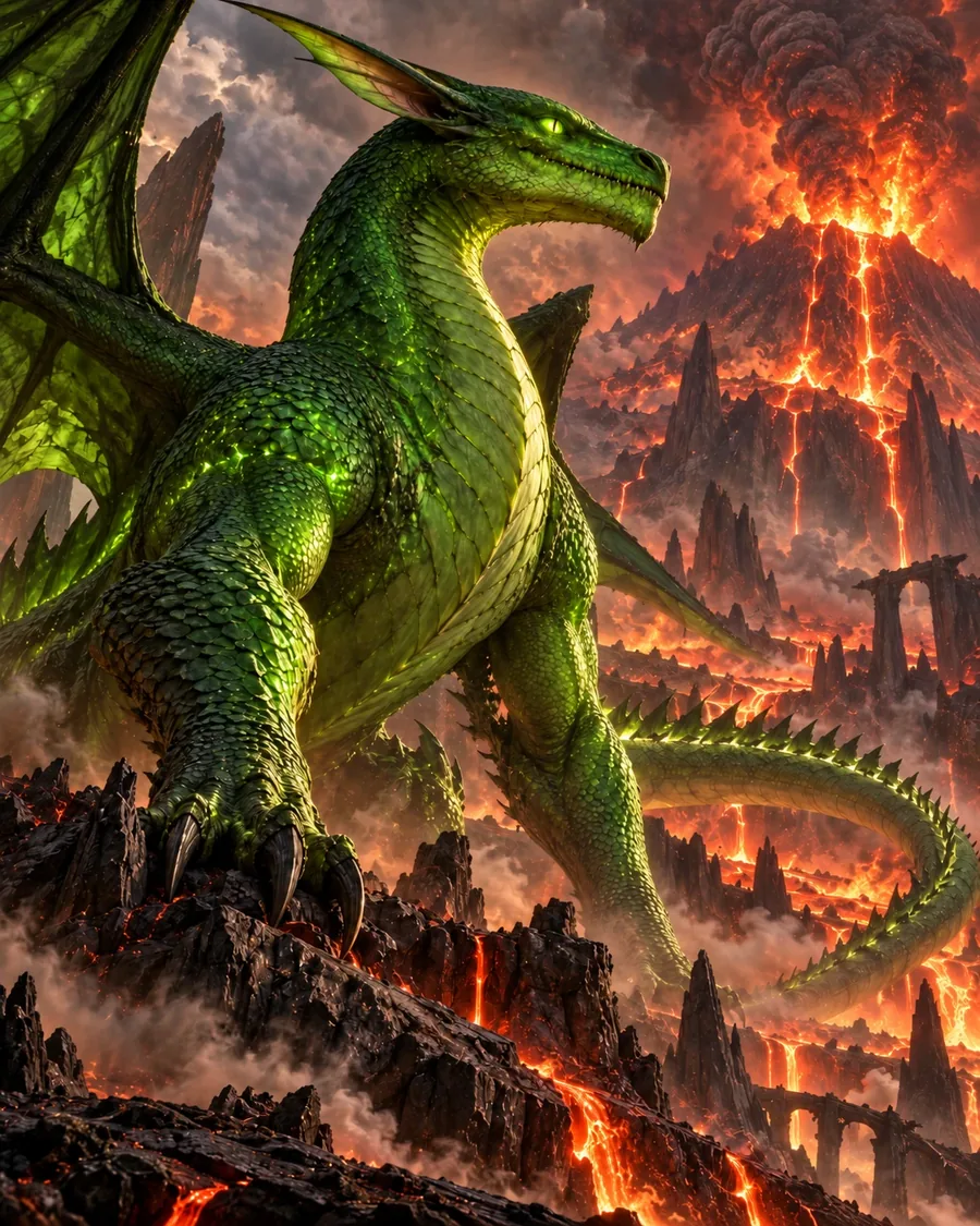 BASAN, un dragon aux écailles vertes et aux yeux lumineux, dressé sur des roches noires devant un volcan en éruption et ses coulées de lave