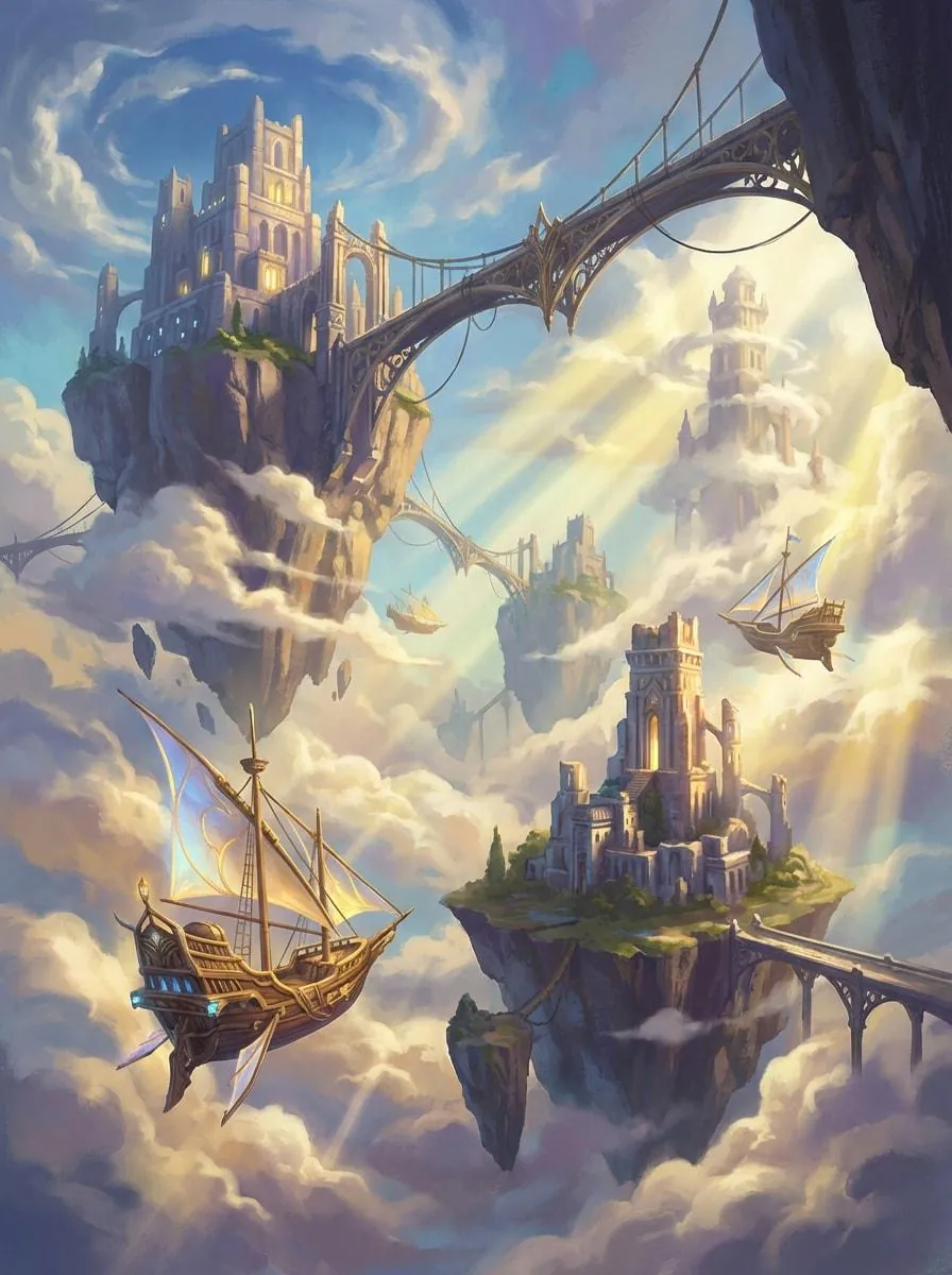 Illustration de Destiny Mahō : des cités sur des pics au-dessus des nuages, reliées par des ponts, et des navires volants