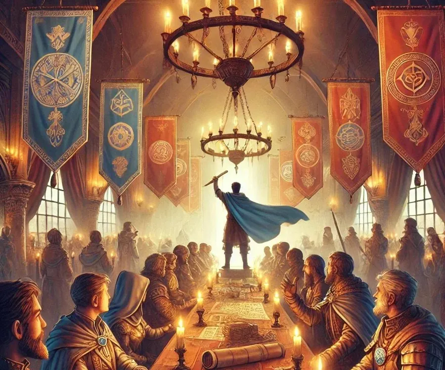 Illustration d'Eglessia : un chevalier à la cape bleue lève son épée dans une grande salle aux bannières