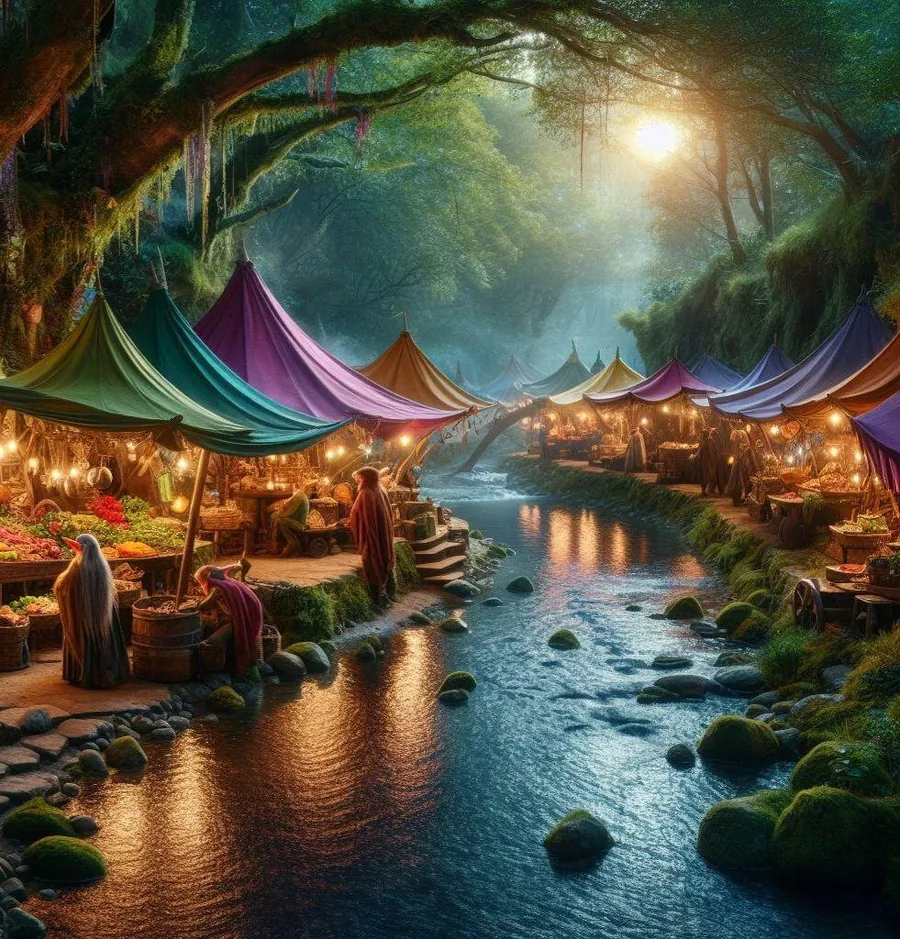 Illustration de Golden Faerie : un marché sous des tentes colorées, au bord d'une rivière, dans une forêt