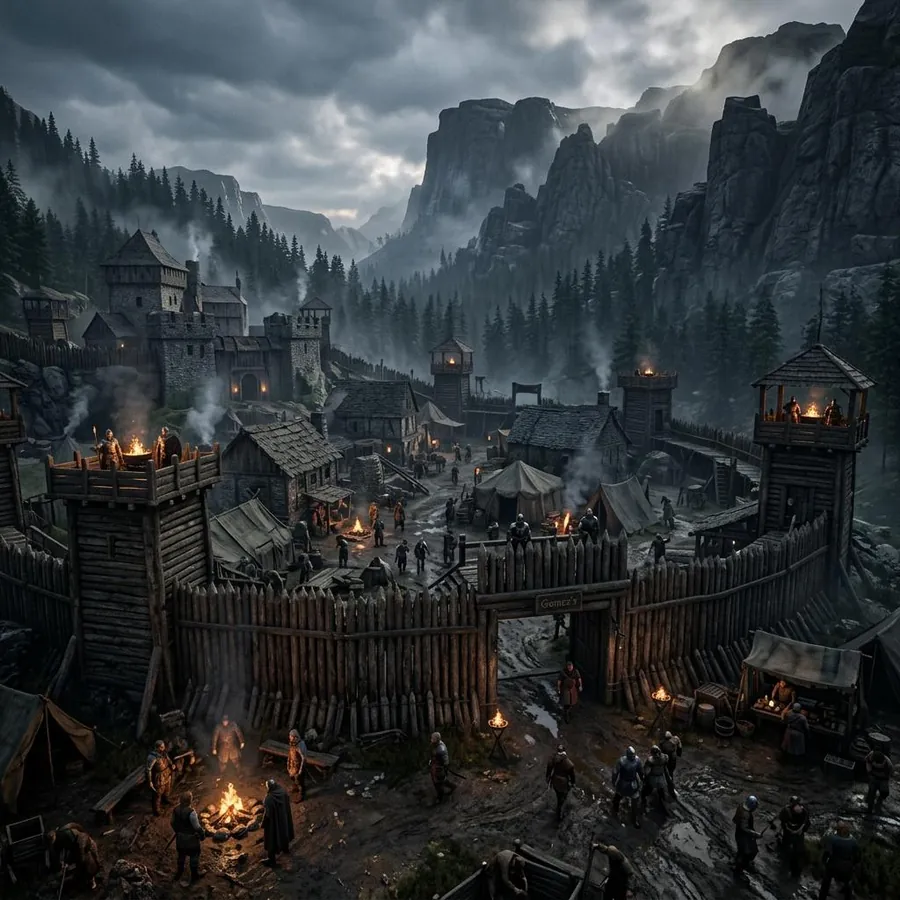 Illustration de The Forgotten : un camp fortifié de palissades et de tours de bois, au pied de montagnes